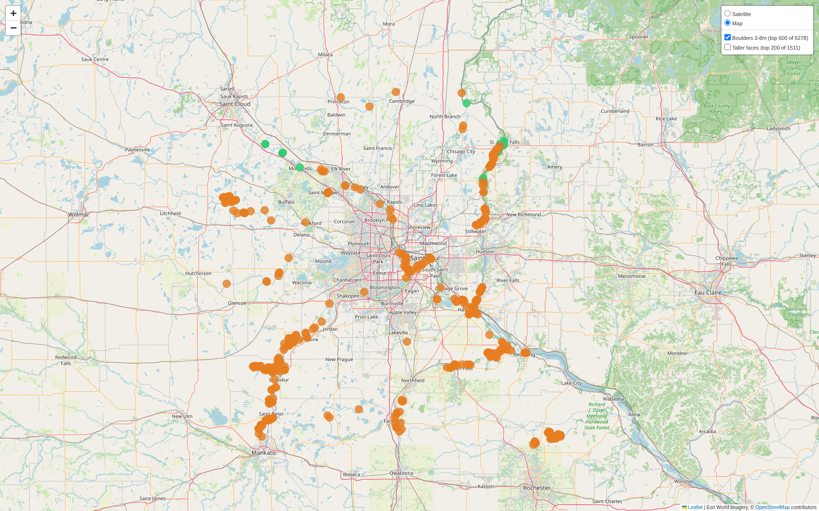 Interactive map of Minnesota with detected boulder candidates clustered along river corridors