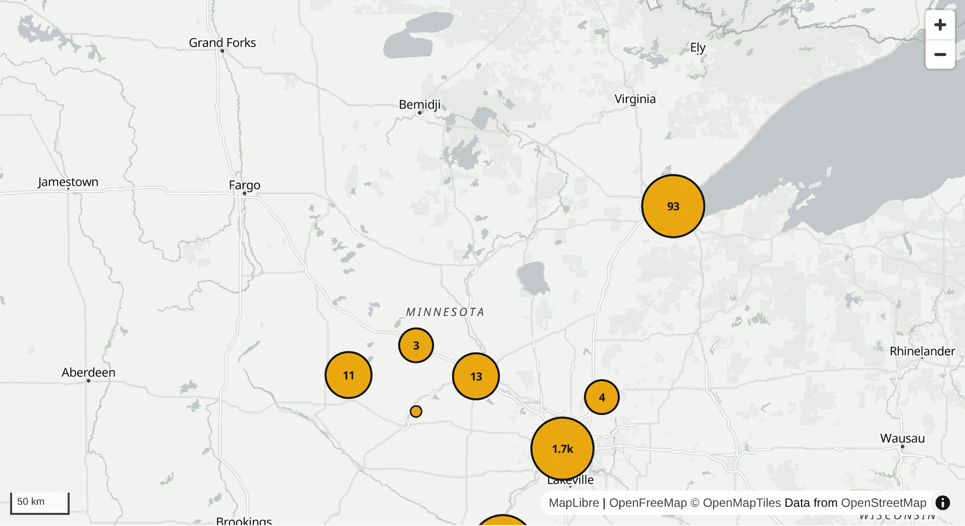 Statewide Minnesota permit map with permits clustered by jurisdiction